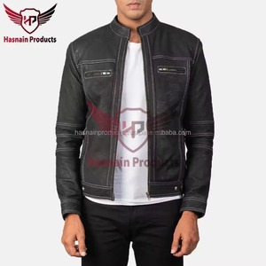 Chaqueta de Motociclista para Hombre, Lavada, con Cuello Alto, Cierre de Cremallera, Resistente al Viento, Estilo Motero, Color Sólido, Corte Regular, para Otoño - Product Image 4