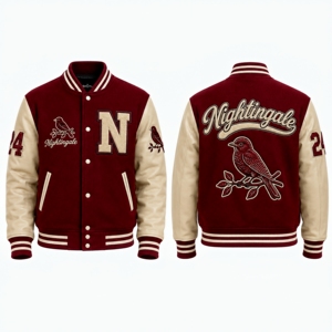 เสื้อแจ็คเก็ตเบสบอลแบบ Varsity ปักลายเชนิลล์ตามสั่ง ระบายอากาศได้ดีสำหรับฤดูหนาว พร้อมโลโก้ด้านหน้า แขนเสื้อหนังผสมขนสัตว์แบบกำหนดเอง - Product Image 6