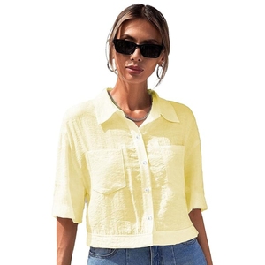 V-Collar Solid Crop <b>Shirt</b> for Women with <b>Half</b> Sleeves, Polyester, Regular Fit - Product Image 1