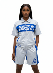 Ensemble de survêtement unisexe marron à blocs de couleur, manches courtes, fermeture éclair sur le devant, streetwear, short décontracté d'été, imprimé logo - Product Image 6