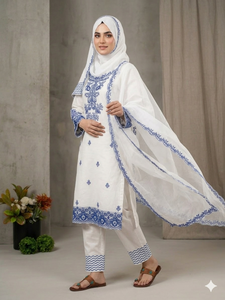 Costume pakistanais en coton blanc, broderie Resham bleu roi, ensemble 3 pièces, Salwar Kameez de créateur, adapté au hijab, tenue de fête - Product Image 2