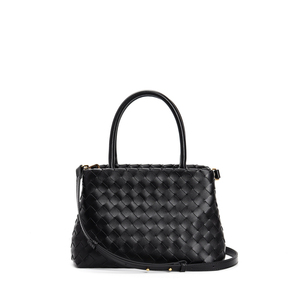 Sac fourre-tout classique pour femme en cuir tressé noir avec anse supérieure et bandoulière amovible, motif losanges et fermeture à rabat - Product Image 1