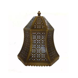 <b>Blue</b> Metal <b>Candle</b> Lantern Teardrop Ovoid Shape Perforated Cutout Filigree Pattern Top Finial Ring Handle Tabletop Centerpiece - Product Image 3