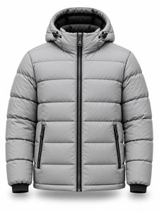 Men's Gray Hooded Puffer Jacket Windproof Casual Zipper Front Polyester Wadding Regular Fit Winter <b>Warm</b> Thick <b>Coat</b> - Product Image 1