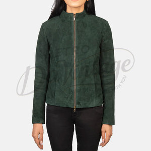 Premium Women Dark Green <b>Suede</b> Leather <b>Jacket</b> Slim Fit Soft Goat <b>Suede</b> Moto <b>Jacket</b> Elegant Collarless Casual Outerwear - Product Image 3