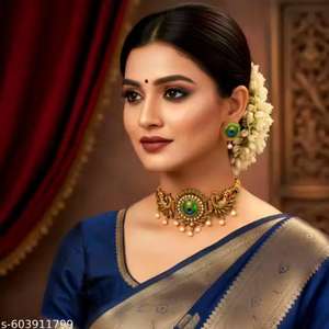 Parure de collier ras-du-cou de qualité supérieure, plaqué or, style princesse, ethnique traditionnel, finition antique, pour mariage, anniversaire et soirée - Product Image 3