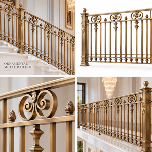 Rampe d'escalier classique en métal doré avec balustres à double volute et poteaux décoratifs pour intérieurs de luxe - Product Image 5