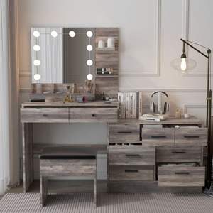 Estación de carga de escritorio de tocador con 10 bombillas LED grandes, mesa de maquillaje gris, compartimentos de mesa, cajones, estantes de almacenamiento, tocadores - Product Image 4