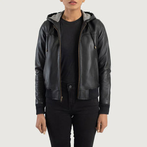 Premium Women Black Real Leather Hooded <b>Jacket</b> Slim Fit Soft <b>Sheepskin</b> Bomber <b>Jacket</b> With Drawstring Hood Casual Outerwear - Product Image 1