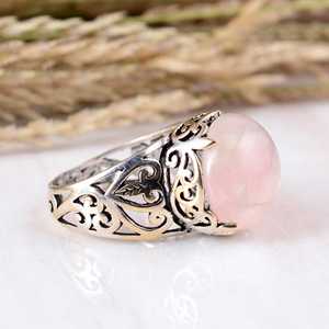 925 Sterling Silver Pink Rose <b>Quartz</b> <b>Ring</b> Boho & Hippie Style Unisex Bezel Setting Statement Jewelry - Product Image 3