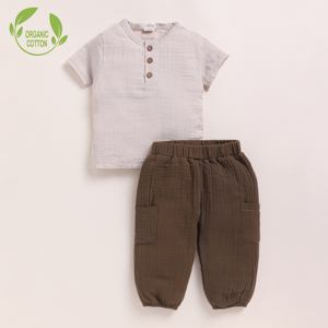 Premium Quality Organic Muslin Short Sleeve Henley T-shirt With Lounge Pant Set - Oatmeal + Cocoa Whisper - Product Image 1