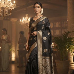 Sari noir en satin pur tissé à la main avec bordure en Zari doré |   Sari ethnique de luxe traditionnel pour femmes, idéal pour les fêtes de mariage - Product Image 2