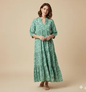 Robe midi bohème pour femme en coton bleu clair à imprimé floral, manches 3/4, coupe ample, col en V, robe d'été décontractée - Product Image 4