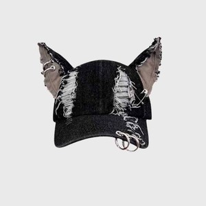 Gorra de Béisbol Unisex Negra Desgastada con Orejas de Gato y Anillos Metálicos, Estilo Punk, 6 Paneles, Ajustable - Product Image 5