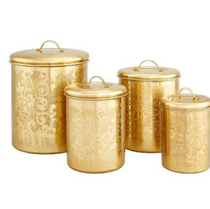 Beautiful Matching Pair Golden Metallic Classic Food <b>Storage</b> Canisters Flip Top Moisture-proof Handcrafted Available Wholesale - Product Image 5