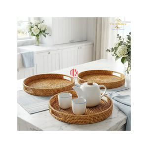 Round Rattan Tray with Handles – Handmade Woven Bamboo <b>Basket</b> <b>for</b> Kitchen, <b>Bathroom</b> & Home Decor - Product Image 2