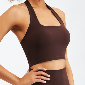 Sujetador deportivo halter para mujer, top sin espalda para entrenamiento, transpirable, elástico en cuatro direcciones, de punto, spandex, nailon, para yoga, gimnasio, ropa deportiva. - Product Image 2