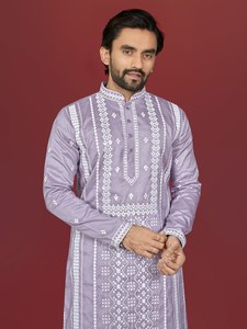 AARIKA TEXTILE Elegant Soft Silk Festive <b>Kurta</b> Silver Sequins Embroidery Raymond Cotton Pajama Wedding Traditional <b>Mens</b> Wear - Product Image 2