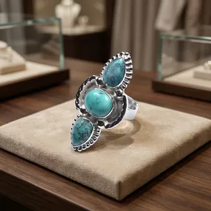 Bague statement en argent sterling 925, turquoise tibétaine effet toile d'araignée, trois pierres, faite à la main, style bohème, pour femmes - Product Image 5