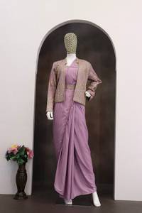 Designer Embroidery Sequence Lace Work Crepe Silk Ready To Wear <b>Saree</b> <b>With</b> Stitched Blouse And Stitched <b>Jacket</b> Set - Product Image 6