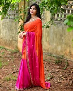 AARA Fashion - Sari Tradicional de Seda para Mujer, Color Naranja Rosado, Bordado, Largo hasta el Suelo, Estilo Indio-Pakistaní, Corte Regular, para Bodas - Product Image 1