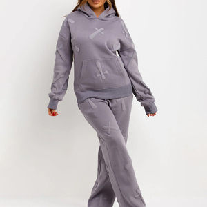 Ensemble de survêtement décontracté deux pièces pour femme, violet, avec sweat à capuche et pantalon de jogging, 100% coton, écologique, grandes tailles, fermeture à cordon, coupe large - Product Image 3