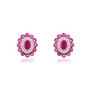 14K Solid White Gold Art Deco Ruby Diamond Flower Cluster Stud <b>Earrings</b> - Product Image 3