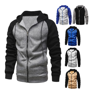 Sweat-shirt à capuche zippé personnalisé pour homme, bicolore gris clair et bleu roi, patchwork, en molleton, vente en gros - Product Image 5