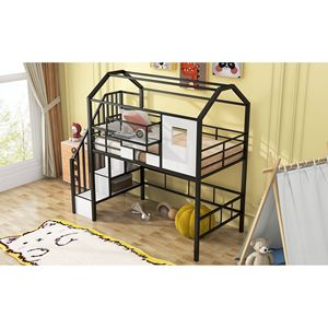 Letto a soppalco doppio in metallo nero con design del tetto unico e contenitore portaoggetti per camerette dei bambini - Product Image 4