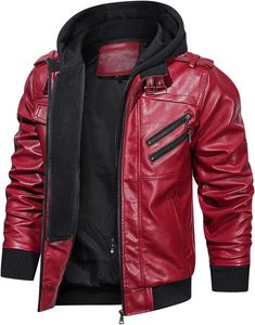 Men <b>Red</b> PU Leather Moto Biker <b>Jacket</b> Hooded Zipper Front Solid Color Autumn Slim Fit Regular Sleeve - Product Image 2
