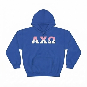 เสื้อฮู้ดสีน้ำเงินรอยัลสำหรับผู้หญิง พิมพ์ลายตัวอักษรกรีกสีชมพูขาวด้านหน้า ทรงปกติ ผ้าฝ้าย เหมาะสำหรับใส่ในฤดูใบไม้ร่วง - Product Image 1