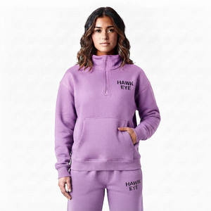 Sudadera personalizada de algodón grueso para mujer con media cremallera, hombros caídos, cuello alto y forro polar transpirable - Product Image 4