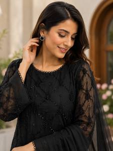 Black Embroidered Net Kurta Palazzo Set Indian Pakistani Ethnic <b>Suit</b> - Product Image 3