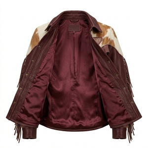 Shirt Collar Burgundy Wine <b>Fringe</b> Cowhide Hair On Hide <b>Womens</b> Western Leather <b>Jacket</b> Spotted Fur Country Rodeo Coat - Product Image 5