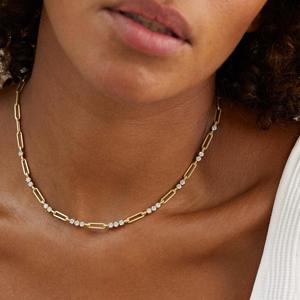 14k 18K <b>Solid</b> Gold Diamond Paperclip Chain <b>Necklace</b> Round Brilliant Cluster Station Link Geometric Layering Choker Luxury Fine - Product Image 2