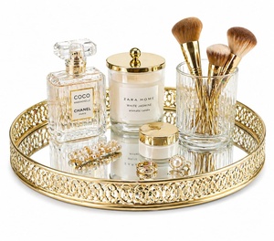 Round <b>Mirrored</b> Metal Storage <b>Tray</b> With Gold Filigree Edge For Table Use Modern Luxury Design Single Tier With Lid - Product Image 1