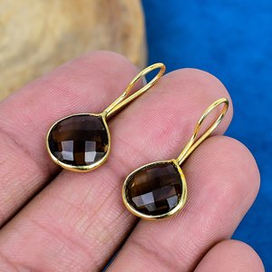Handmade Smokey Quartz Heart Shape Gemstone Hook Earrings 18k Micron Gold Over 925 <b>Sterling</b> <b>Silver</b> - Product Image 3