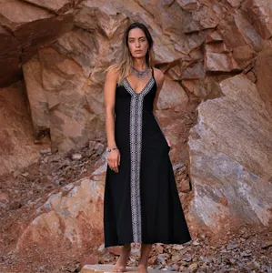 Women <b>Boho</b> Cotton Backless Maxi <b>Dress</b> Sleeveless Deep V Neck Ethnic Print Long <b>Summer</b> Beach <b>Dress</b> - Product Image 1