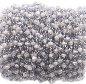 Mystique Faceted Labradorite Rondelle Shape 925 Sterling <b>Silver</b> Black Oxidized Rosary <b>Wire</b> Wrap Chain for Jewelry Making - Product Image 3