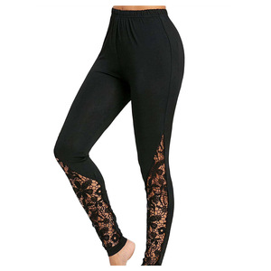 High Waist Black Leggings With Lace Panels Full Length Stretch Knitted Women's Pants - Product Image 1