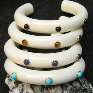 Ivory Color Resin Cuff Bangle <b>Bracelet</b> with Multi-Gemstone Inlay | <b>Stacking</b> Resin Jewelry for Womens Boho and Fashion Style - Product Image 1