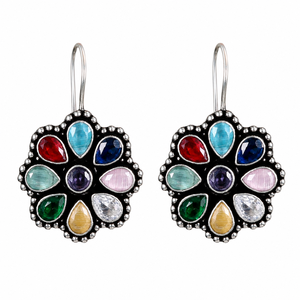 MOQ Available <b>Oxidized</b> Silver Zircon Bezel Setting Bohemian Floral Red Drop Hoop Earrings | Direct Factory Manufacturer - Product Image 1