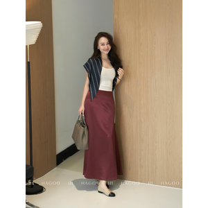 CV689 Custom ODM Women High Waist Burgundy Silk <b>Mermaid</b> <b>Skirt</b> Manufacturer - Product Image 2