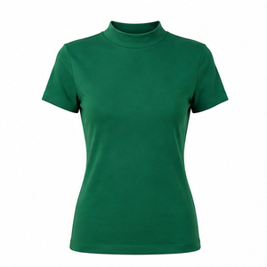 T-shirt personnalisé vert émeraude pour femme, coupe ajustée, col montant, manches courtes, en jersey léger de coton et élasthanne - Product Image 1