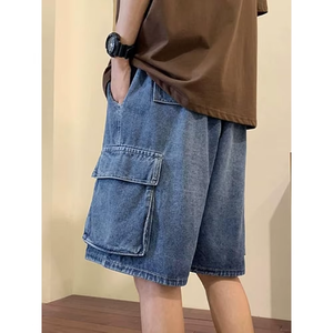 Shorts cargo en denim délavé pour homme, taille mi-haute, fermeture élastique, style décontracté avec poches, tissu en toile 100% coton - Product Image 2