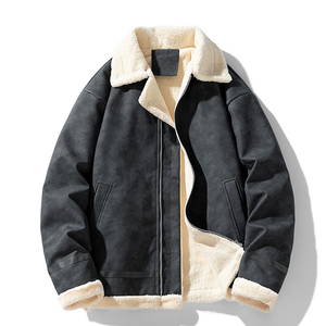 Men Winter <b>Bomber</b> <b>Jacket</b> <b>Suede</b> Outerwear Sherpa Lined Zipper Closure Casual Thick Windproof Coat Regular Fit - Product Image 1