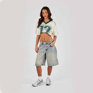 Crop top blanc pour femme, col en V, manches courtes, coupe ample sportive, respirant, avec logo vert, printemps été - Product Image 3
