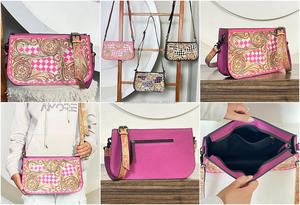Bolsos cruzados de cuero a cuadros con diseño floral en rosa y blanco, modernos y de primera calidad, bolsos de hombro de cuero genuino para mujer. - Product Image 3