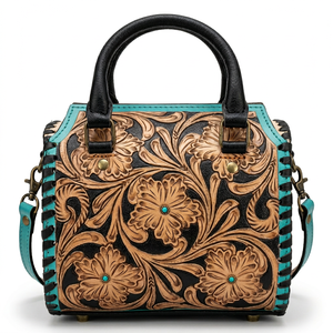 Nouveau Sac de Voyage Weekender en Cuir Véritable Gravé à la Main 2026, Grande Capacité, Motif Floral et Cœur à Carreaux Turquoise - Product Image 2