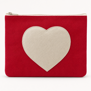 Pochette de maquillage en jute laminée rouge avec logo personnalisé, 22,5x15 cm, patch cœur, fermeture éclair, trousse de toilette de voyage, vente en gros, OEM, ODM, usine - Product Image 3